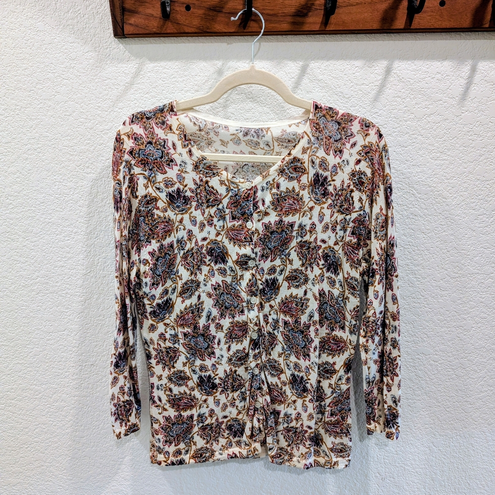 Garnet Hill Merino Wool Paisley Women's 3/4 Sleeve Cardigan